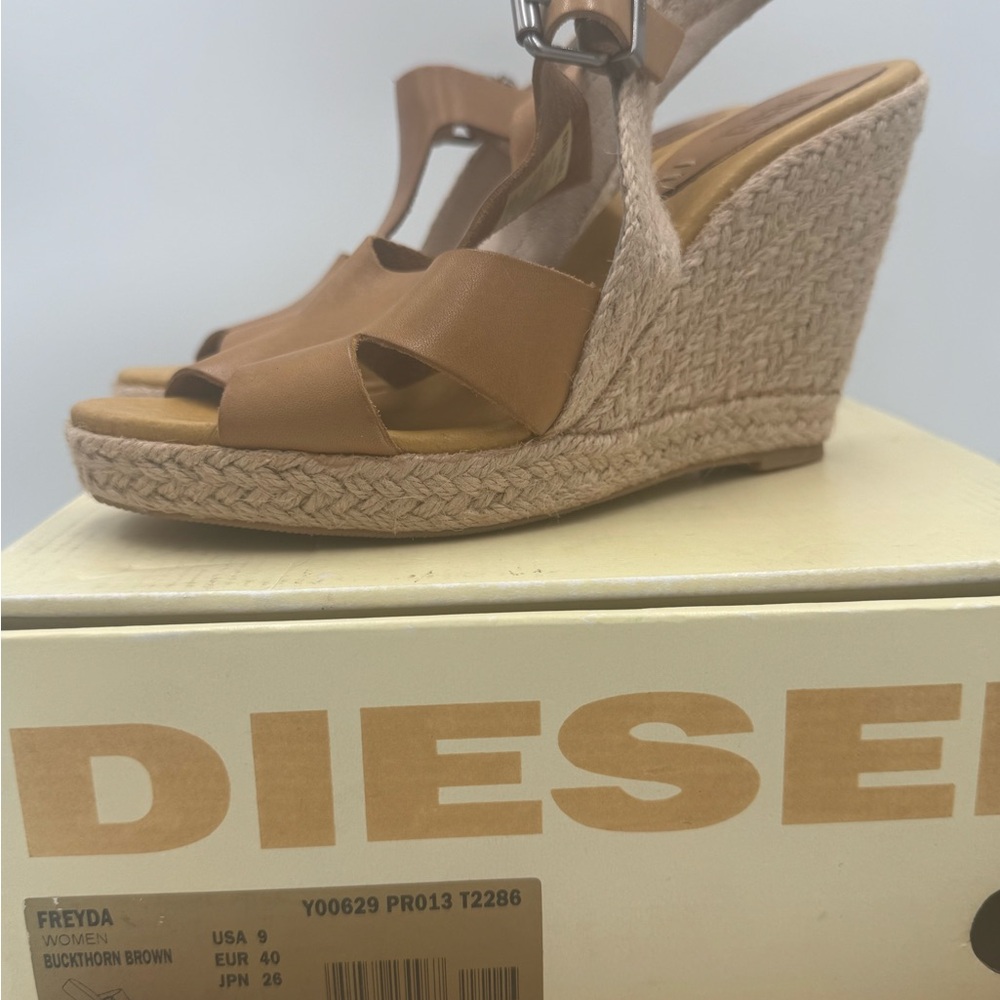 Diesel Freyda Buckthorn Brown Leather Espadrille Wedge Sandals 9women NIB